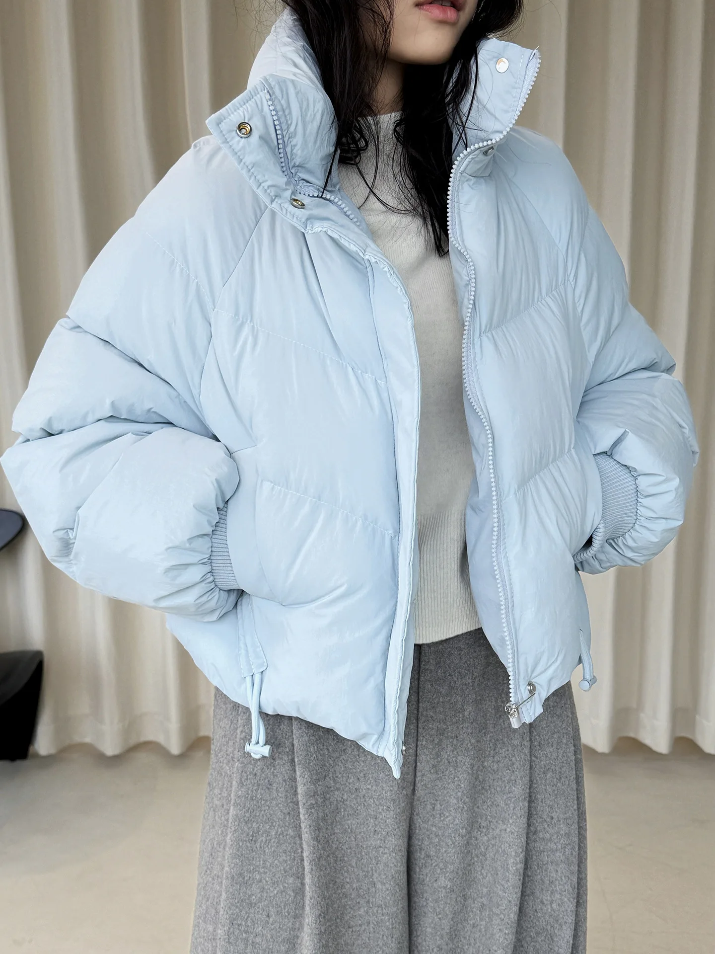 

Winter new Korean style fashionable stand up collar short pocket drawstring design cotton coat fluffy warm jacket for women