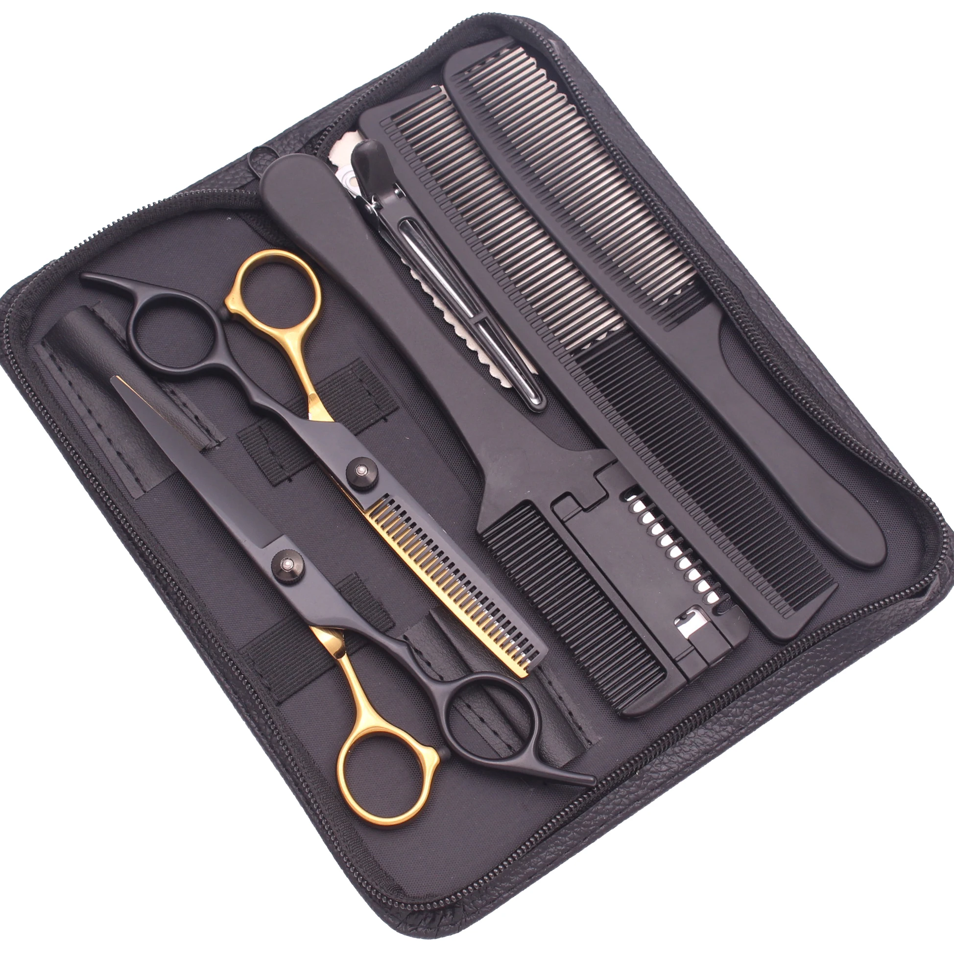 Haarschere JP Edelstahl Friseurschere 6" Haarschnitt Set Schwarz Effilierschere Salon Haarschnitt Schere Rasiermesser Kämme C1001