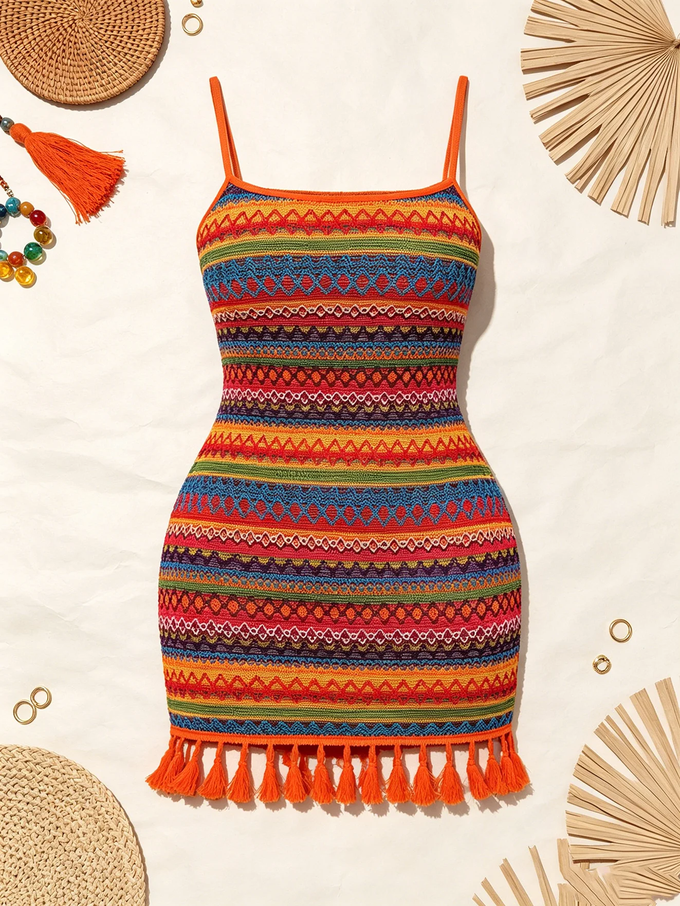 Damen-Freizeitkleid mit geometrischem Muster, Rundhalsausschnitt, Träger, bequemer Schnitt, tailliert, Minirocklänge – Detail 2