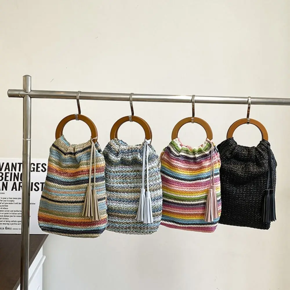 

Simple Bohemian Style Rainbow Woven Handbag with Tassel Hollow Out Summer Bucket Bag Beach Sweet Woven Crochet Bag Shopping