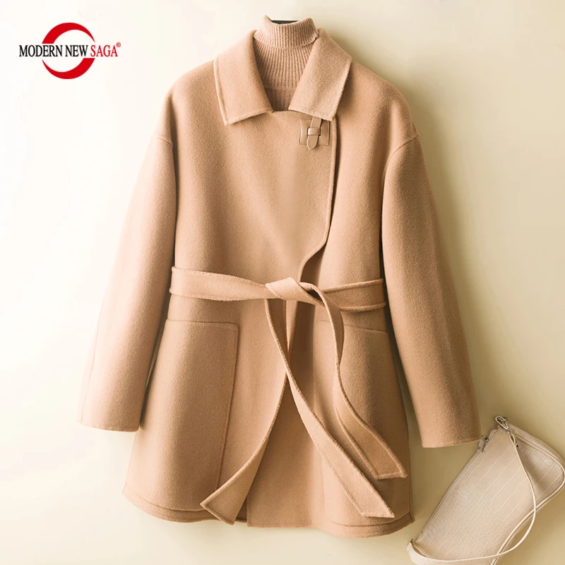 

MODERN NEW SAGA 100% Wool Women Wool Coat Autumn Wool Long Jacket Winter Warm Woolen Coat Female Cashmere Overcoat Belt Outwear