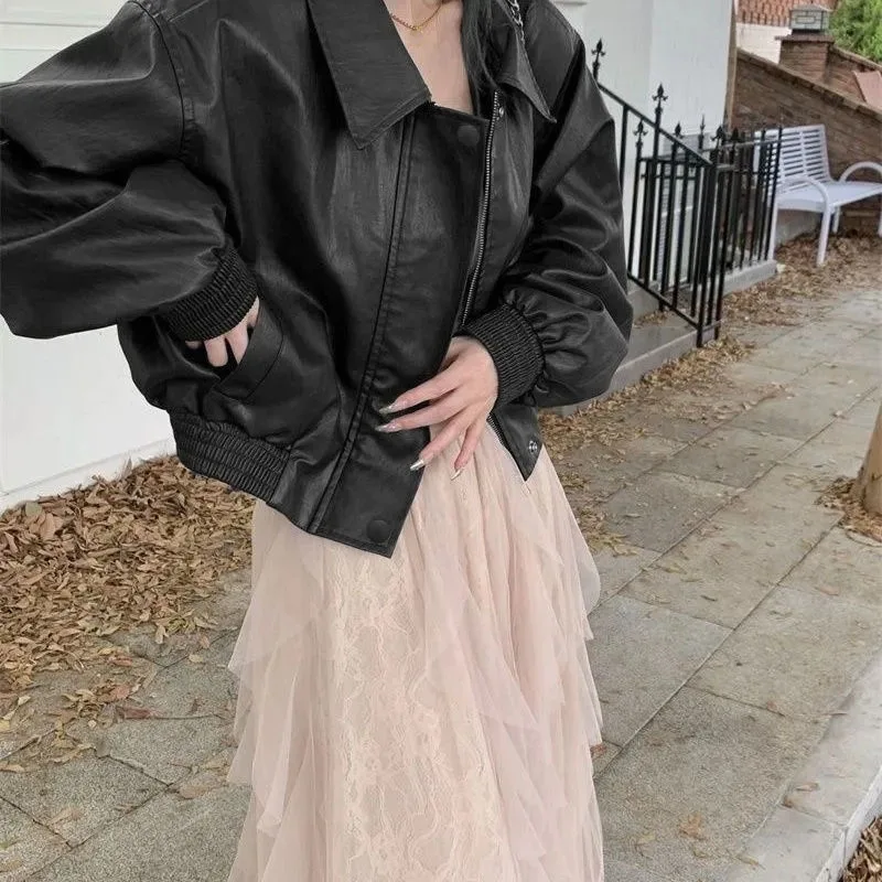 Autumn Female Long Sleeves Short Coat Spring Ladies Fashion Casual Faux Leather Jacket Korean Women Patchwork PU Leather Outwear