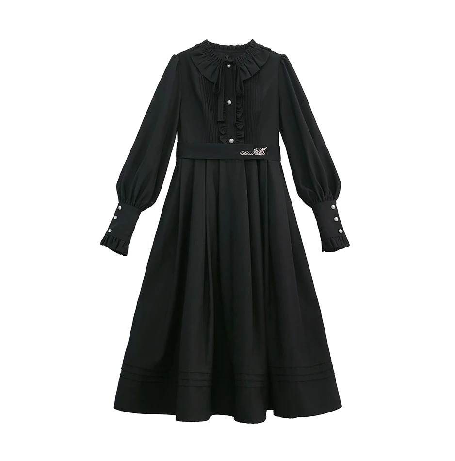 Original Retro Elegant Black and Red Full Sleeve Slim Long Dress Autumn Winter Women's JK Vintage Calf-length Dresses image 6
