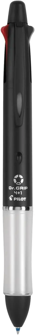 

4+1 Multi-Function Retractable Ballpoint Pen + Pencil, 0.7mm Fine Point, Black Barrel, 4 Ink Colors, Refillable