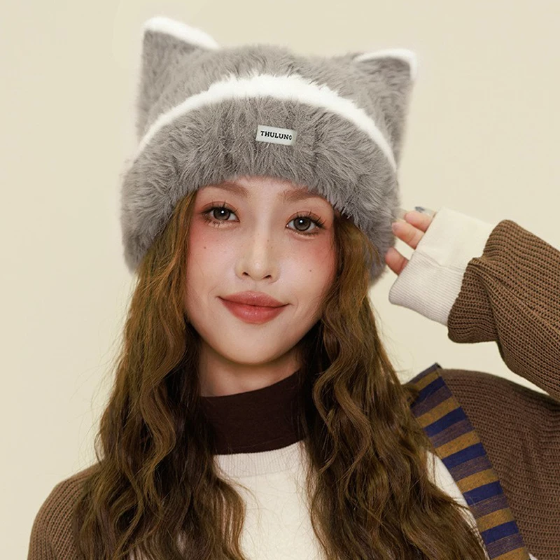 جديد Ins لطيف آذان القط أفخم بيني Y2K الخريف والشتاء السفر الدافئة سدادات حماية الأذن تنوعا شخصية البلوز القبعات النساء #3
