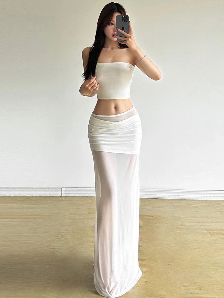 WEIRD PUSS Fairy T Vaion Sle Me Splice f Falda larga transparente de cintura alta para mujer Ele Aosphere