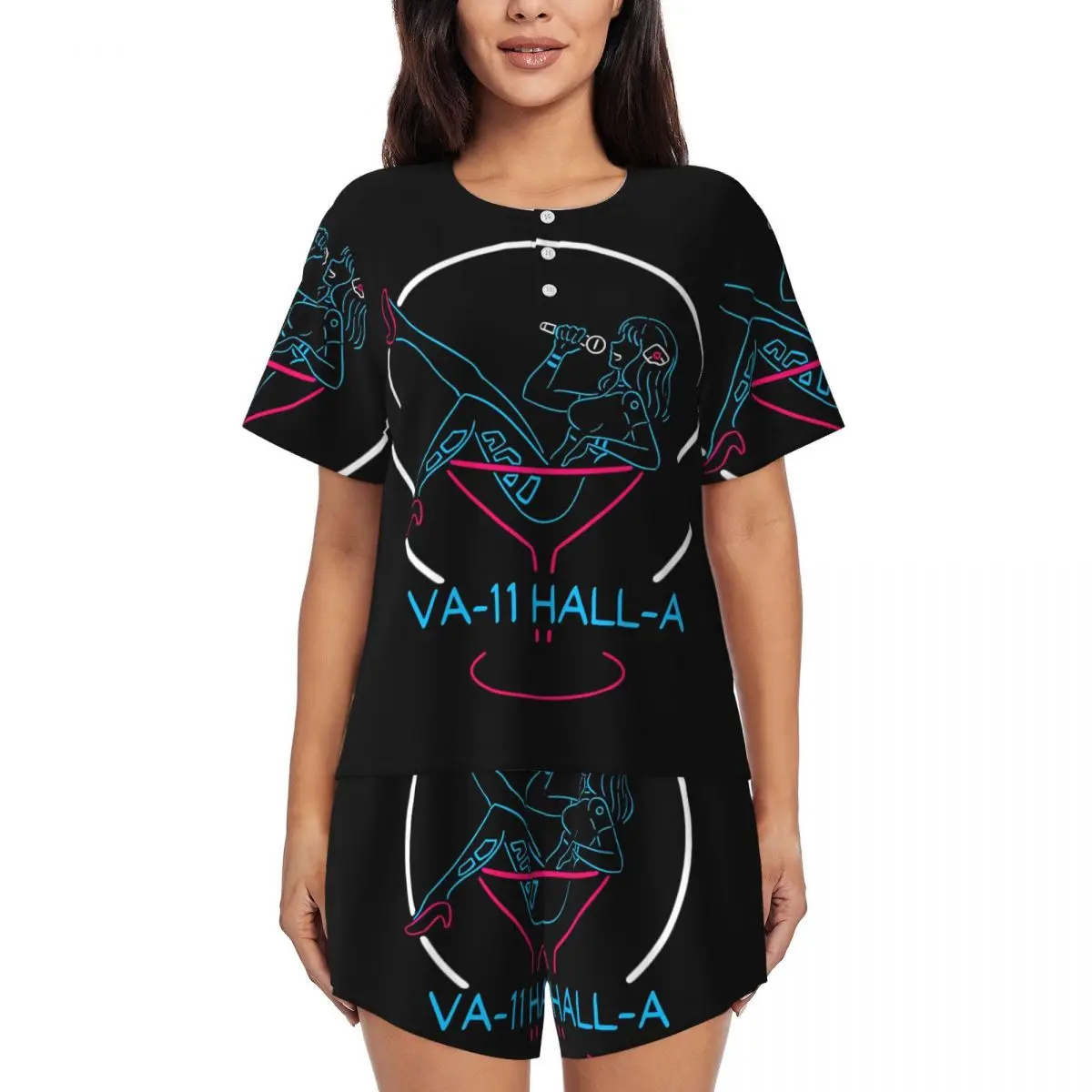 

VA-11 Hall-A Neon Sign Round Neck Short Sleeves Nightdress for Sleeping Sleepshirts Women Soft Pajama Set Short Pants