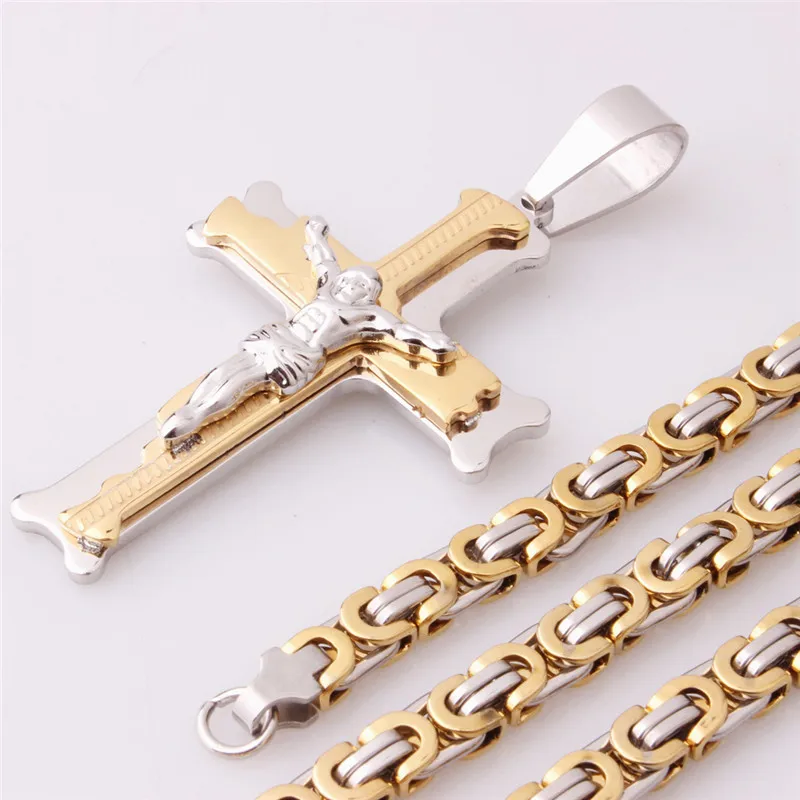 RAKOL Cross Jesus Crucifixion Necklace For Men Women Gold Silver Black Color Stainless Steel Byzanine Chain Crucifix Pendant