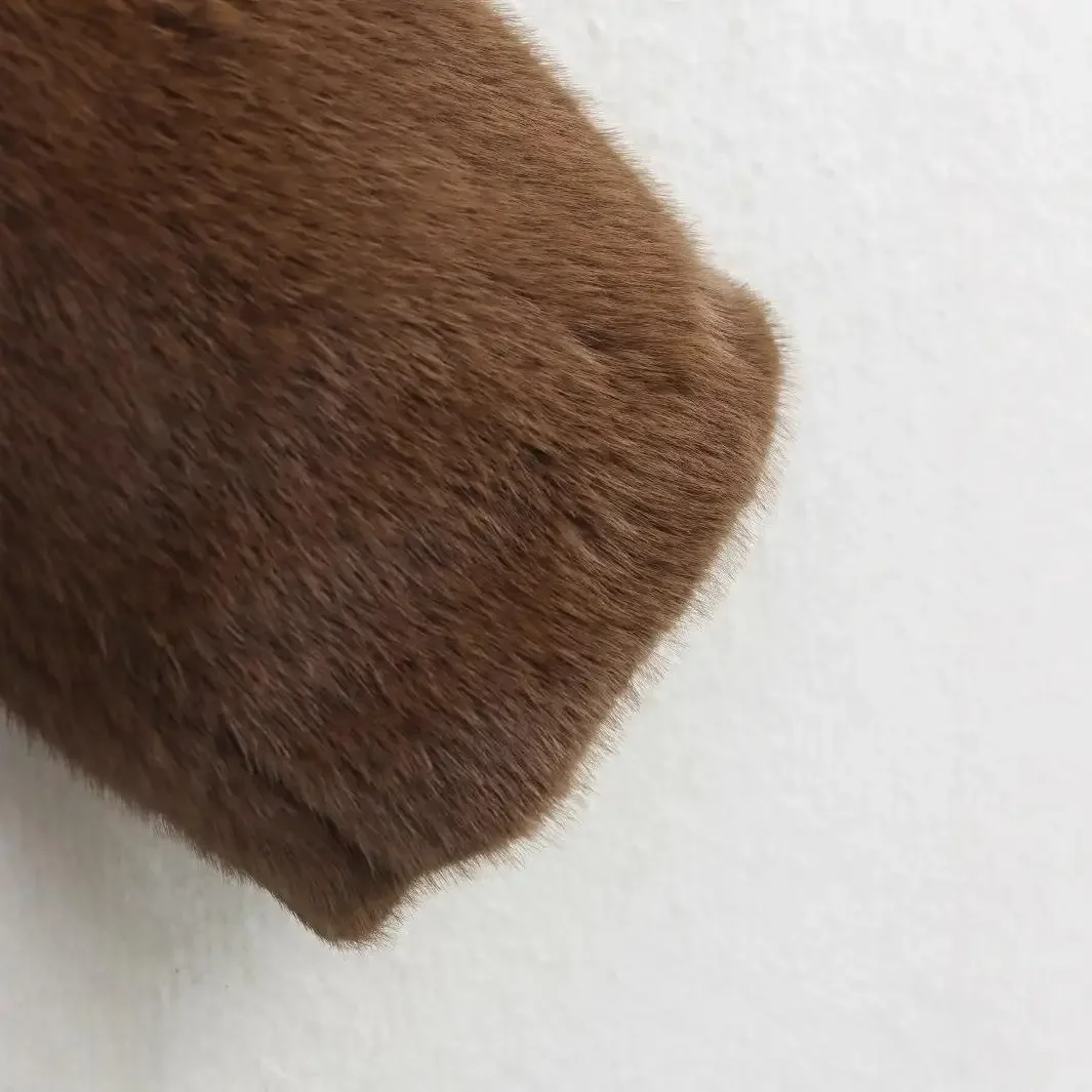 Outono novo estilo casaco de couro artificial manga cheia solto marrom gola de pele do falso jaqueta curta outerwear moda feminina