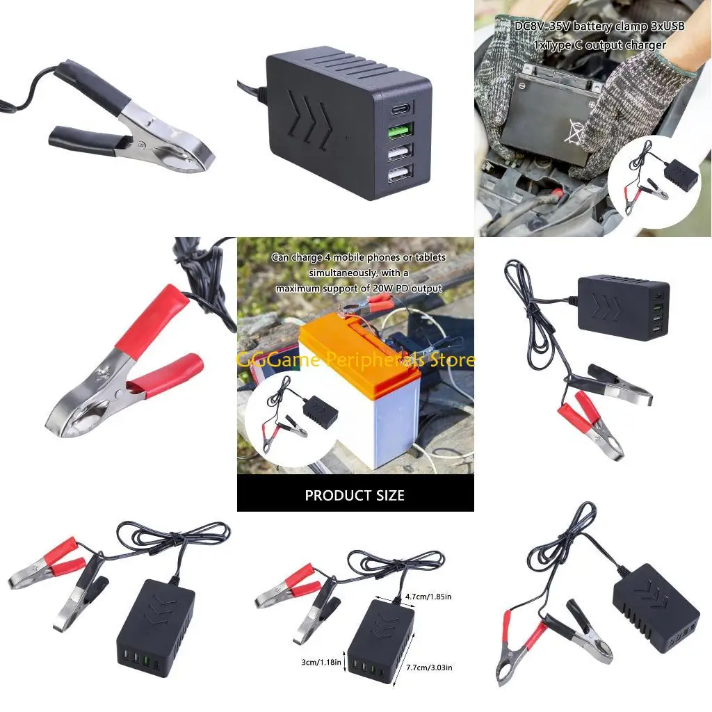 

U55B DC8V-35V Battery Clamp to 5V 3xUSB+1xType C Output Adapter 4-Port