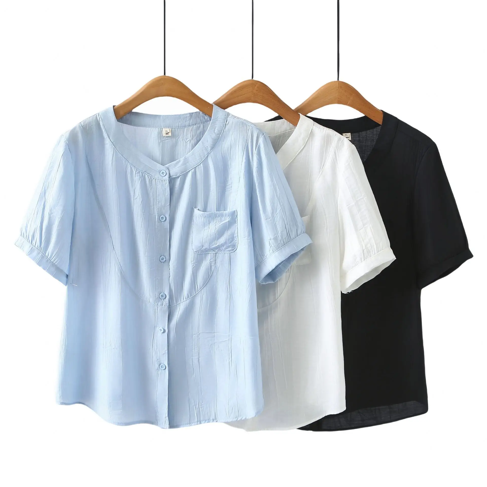 100kg 여름 블라우스 새로운 스타일 얇은 포켓 반팔 셔츠 플러스 사이즈 여성 캐주얼상의 2512