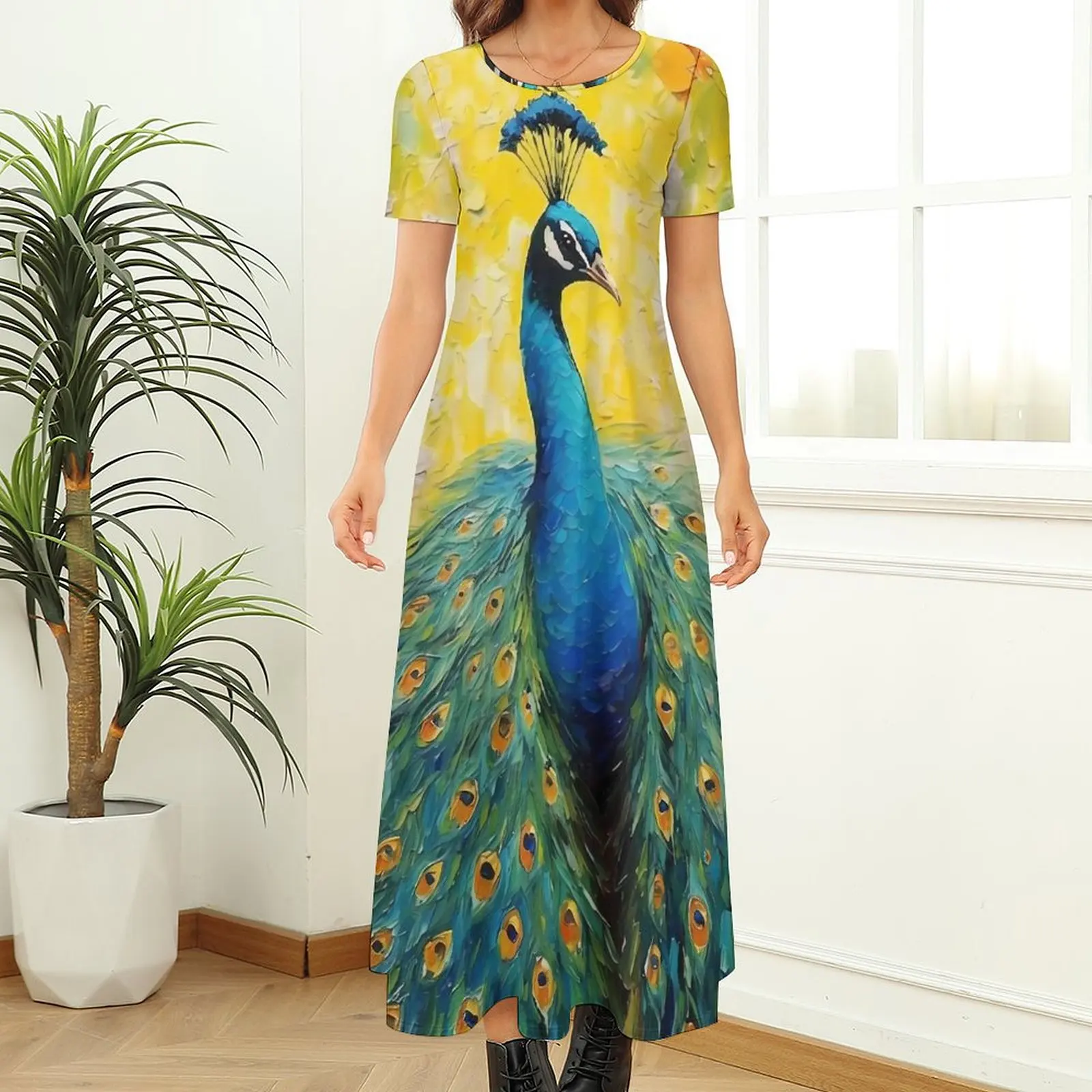 Painting Peacock with Blue Tail Dress  Street Wear Bohemia Long Dresses Female Modern Maxi Dress Large Size