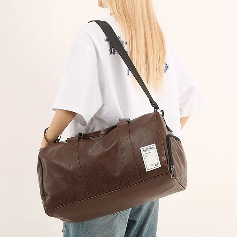 Bolsa de Viagem Feminina de Moda, Bolsa de Ombro Casual em Couro PU, Bolsa de Ginástica e Fitness com Compartimento para Sapatos
