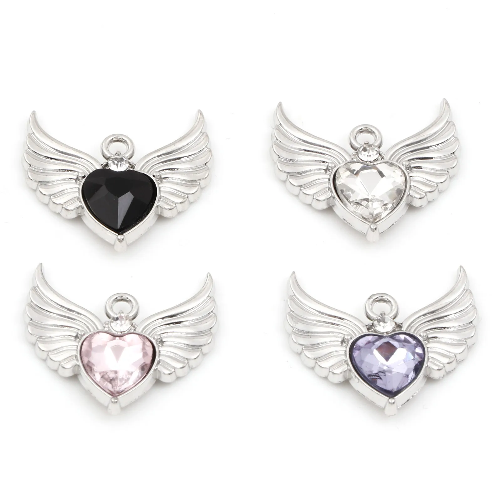 5PCs Sweet Rhinestone Heart Wing Charms Silver Color Metal Pendants Diy Necklace Earring Women Jewelry Making Findings 22.5x21mm