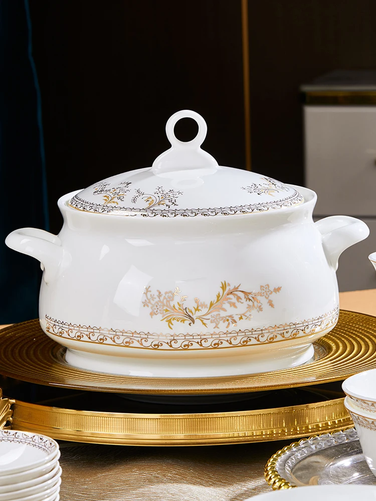 

Jingdezhen Cerc Fi Plate Western Dinner Plate Deep Bowl Set Luxury Home Use Porcelain Soup Bowl Combination Set for Parties