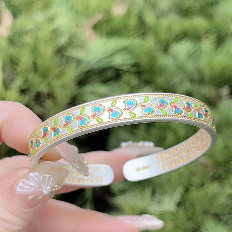 

silver 925 Cloisonne Vine Flower Colored Enamel Bracelet for women Opening Ethnic Style Fresh White bangles Jewelry Gift