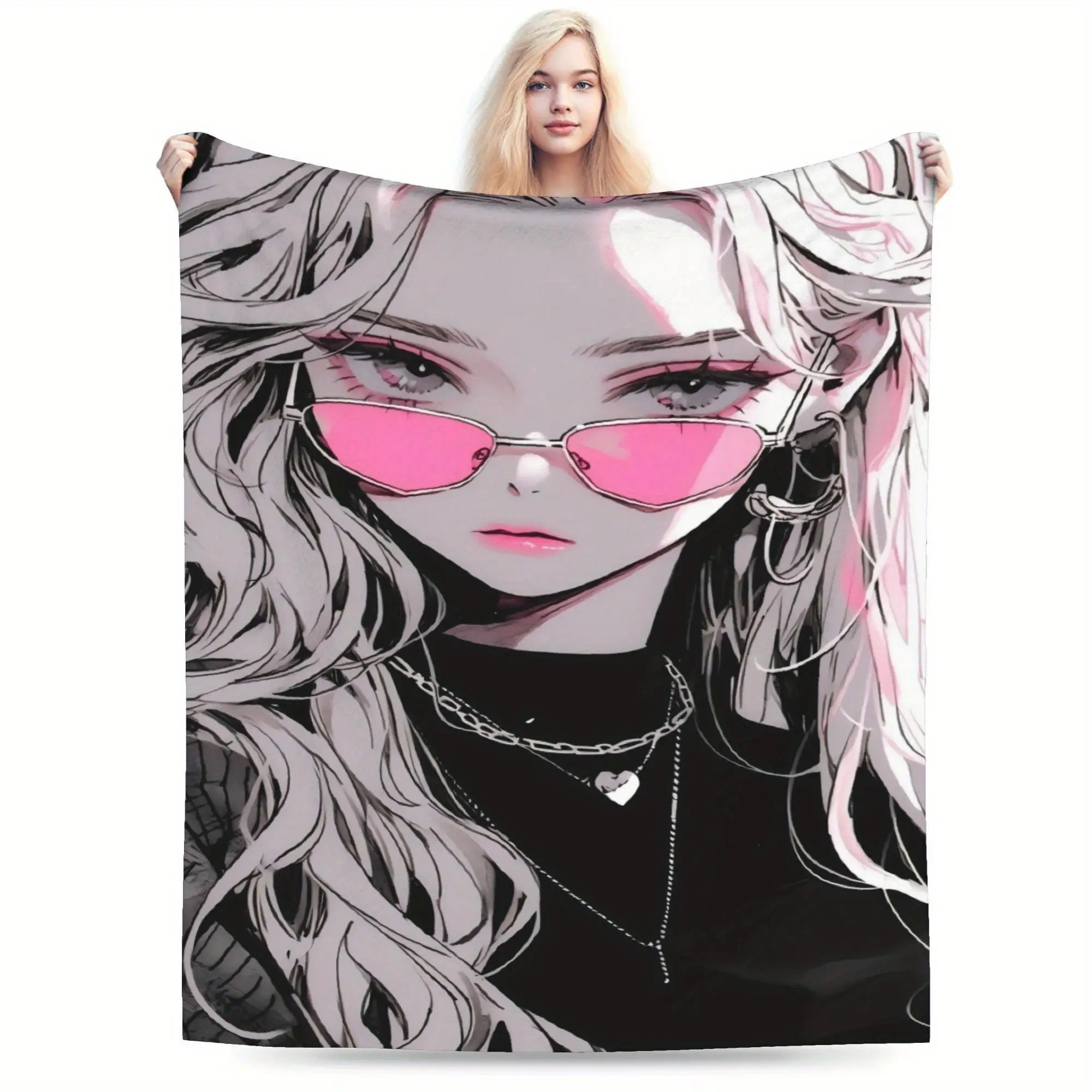 Anime-Themed Flannel Blanket - Ultra-Soft Lightweight All-Season Throw with Pastel Pink & Black Anime Girl Design, Non-Shedding
