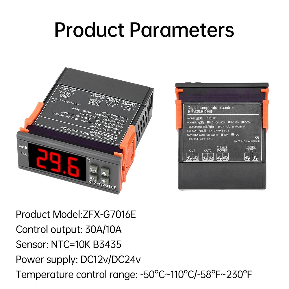 

G7016E цифровой регулятор температуры с зондом терморегулятор инкубатор реле нагрева охлаждения DC 12 В 24 В 10A 30A