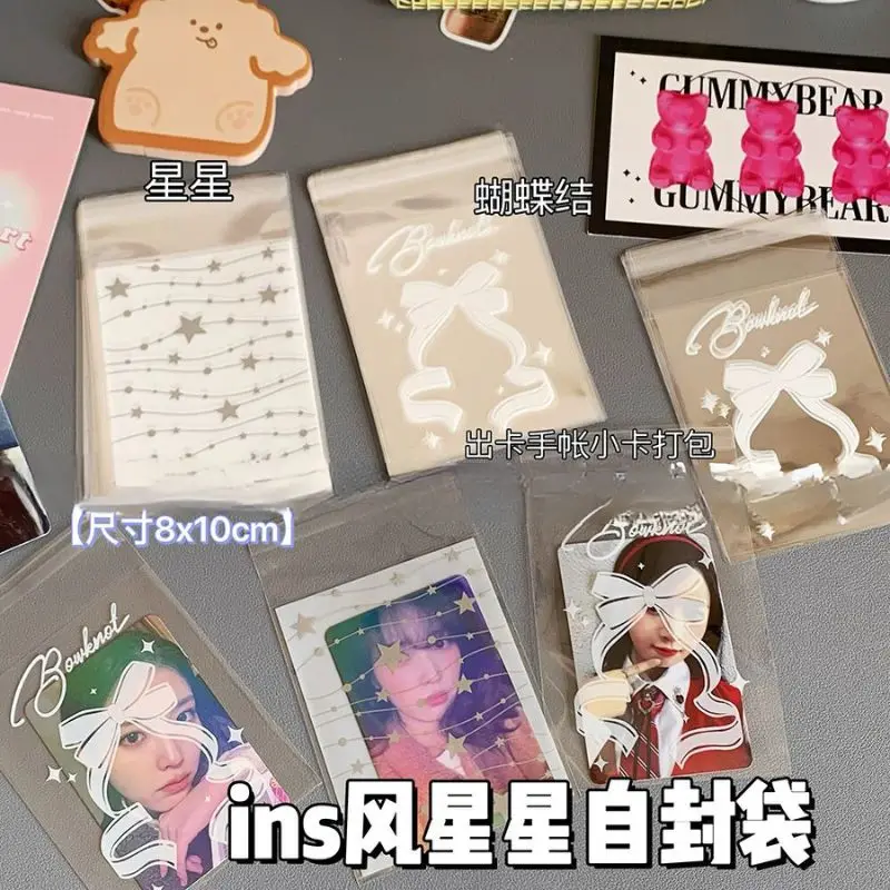 50Pcs Clear Photocard Sleeves INS Photocard Protector Bag Cute Bowknot Print Self-adhesive Opp Self Sealing Bag Card Sleeve Gift