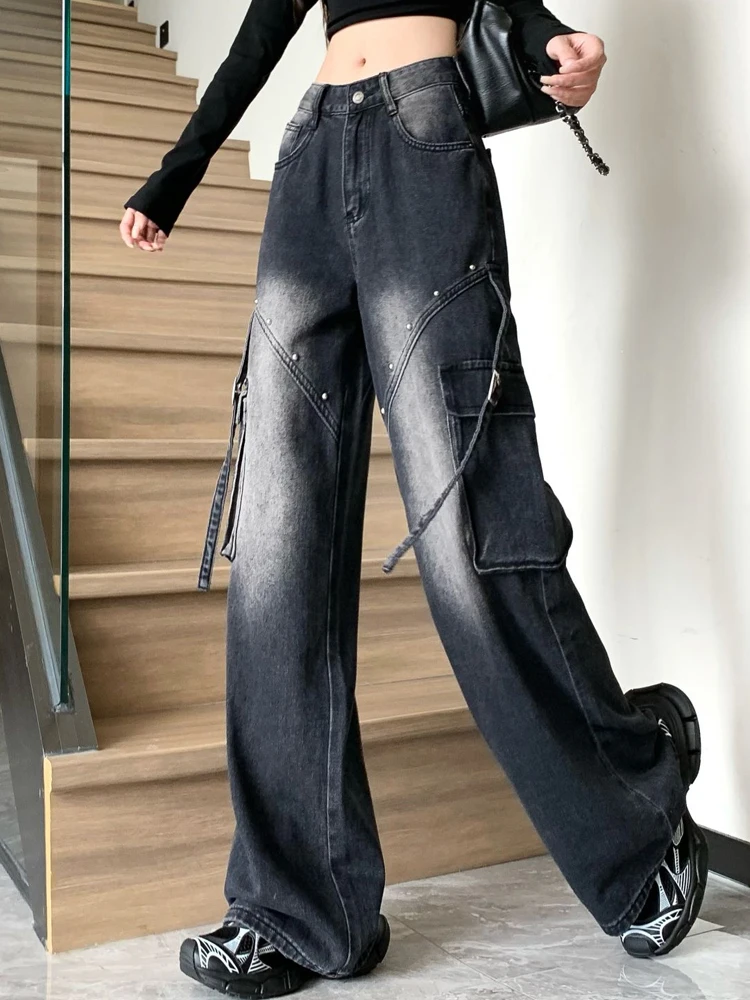 Women Black Goth Baggy Jeans Harajuku Japanese 2000s Style Denim Trousers Y2k Vintage Punk Emo Jean Pants Trashy Clothes