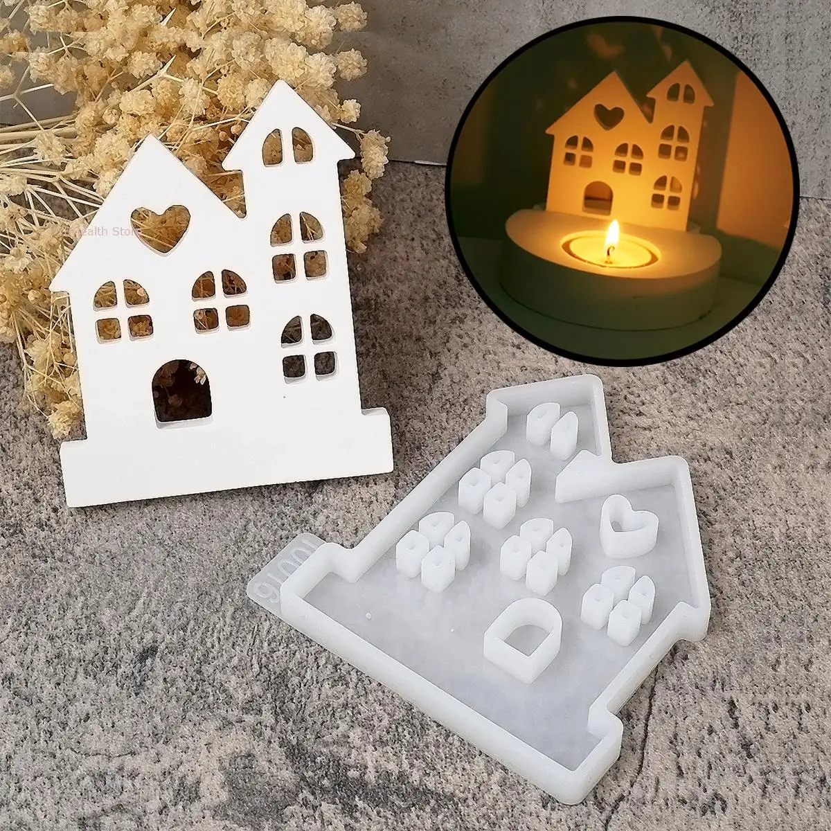 Hollow Love Castle House Candle Holder Mold New Silicone Mold Gypsum House Candlestick Holiday Decoration DIY Creative Crafts