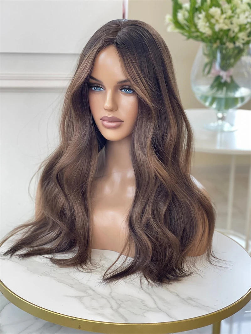 

Brown Honey Blonde Lace Frontal Wig Rooted Black Heat Friendly Synthetic Wig Blonde Bouncy Wavy Wig for White Black Women 26Inch