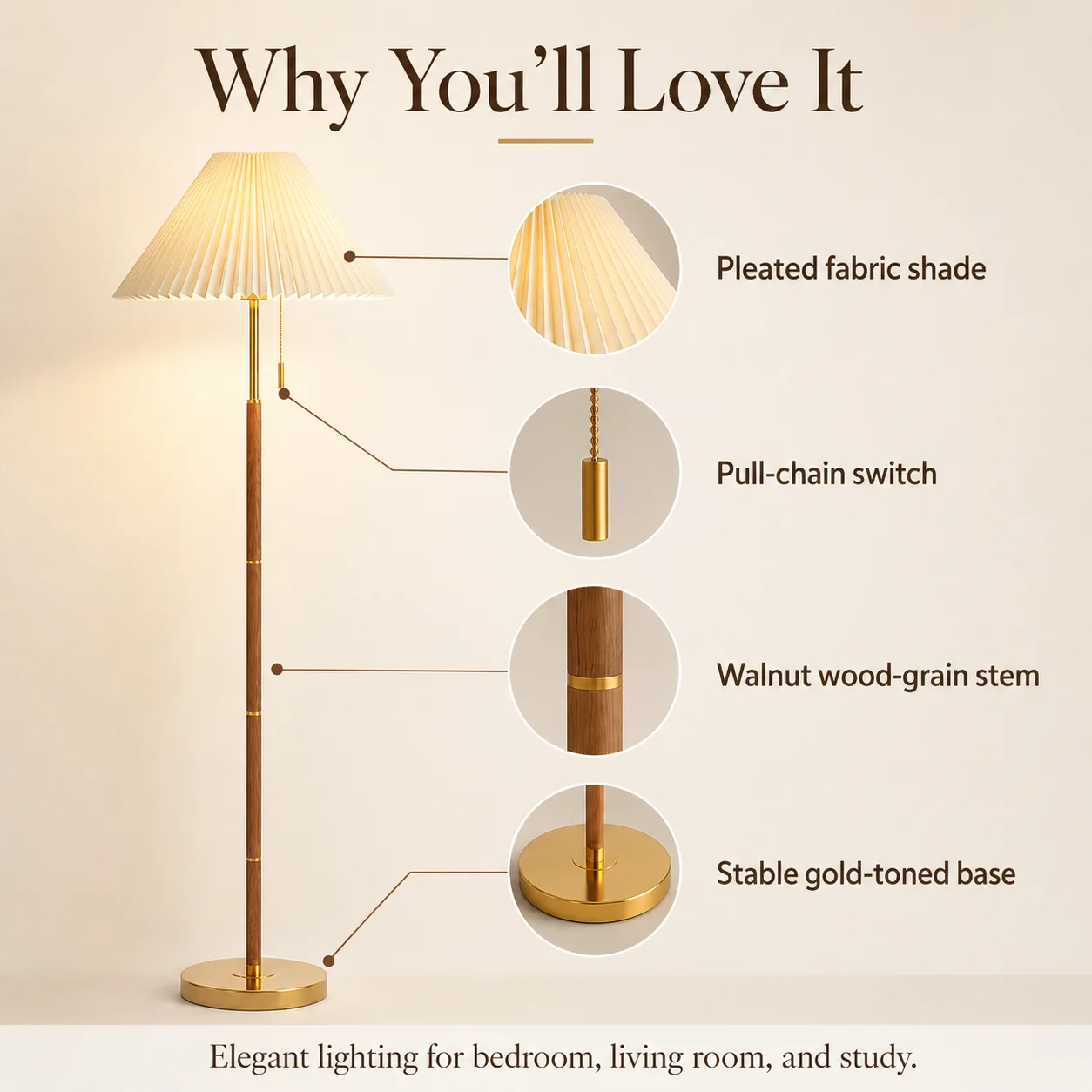 Wood Grain Walnut Floor Lamp Pleated Shade Bud Shape Standing Lamp Living Room Sofa Bedroom Decorative Vertical Home Floor Light