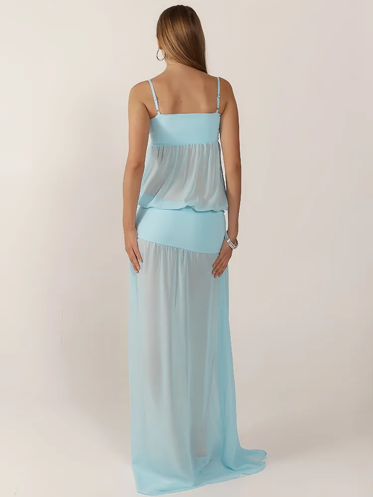 Sheer ตาข่าย Patchwork สปาเก็ตตี้ Maxi ชุดผู้หญิงเซ็กซี่ตัดดูผ่าน Backless Slim A-Line Dresses Partywear