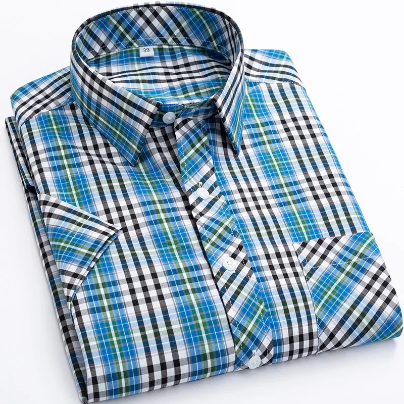 Cotton Shirts For Men Daily Use Plus Size Red Navy Plaid Striped Short Sleeve Preppy Style Clothing Dress Shirts Young Summer