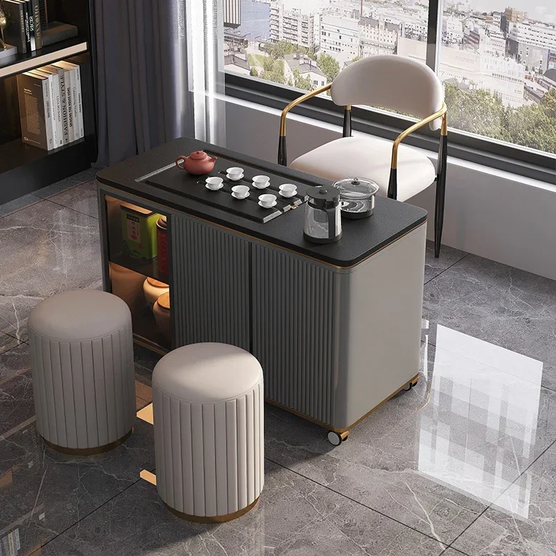 Light Luxury Stone Plate Tea Table Kettle Integrated Mobile Tea Cart Household with Wheels