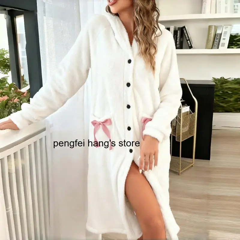 Long Sleeve Homewear Two Side Pocket Bow Home Clothes Women Casual Sleepwear Kimono Gown Hooded Flannel Velvet Nightwear