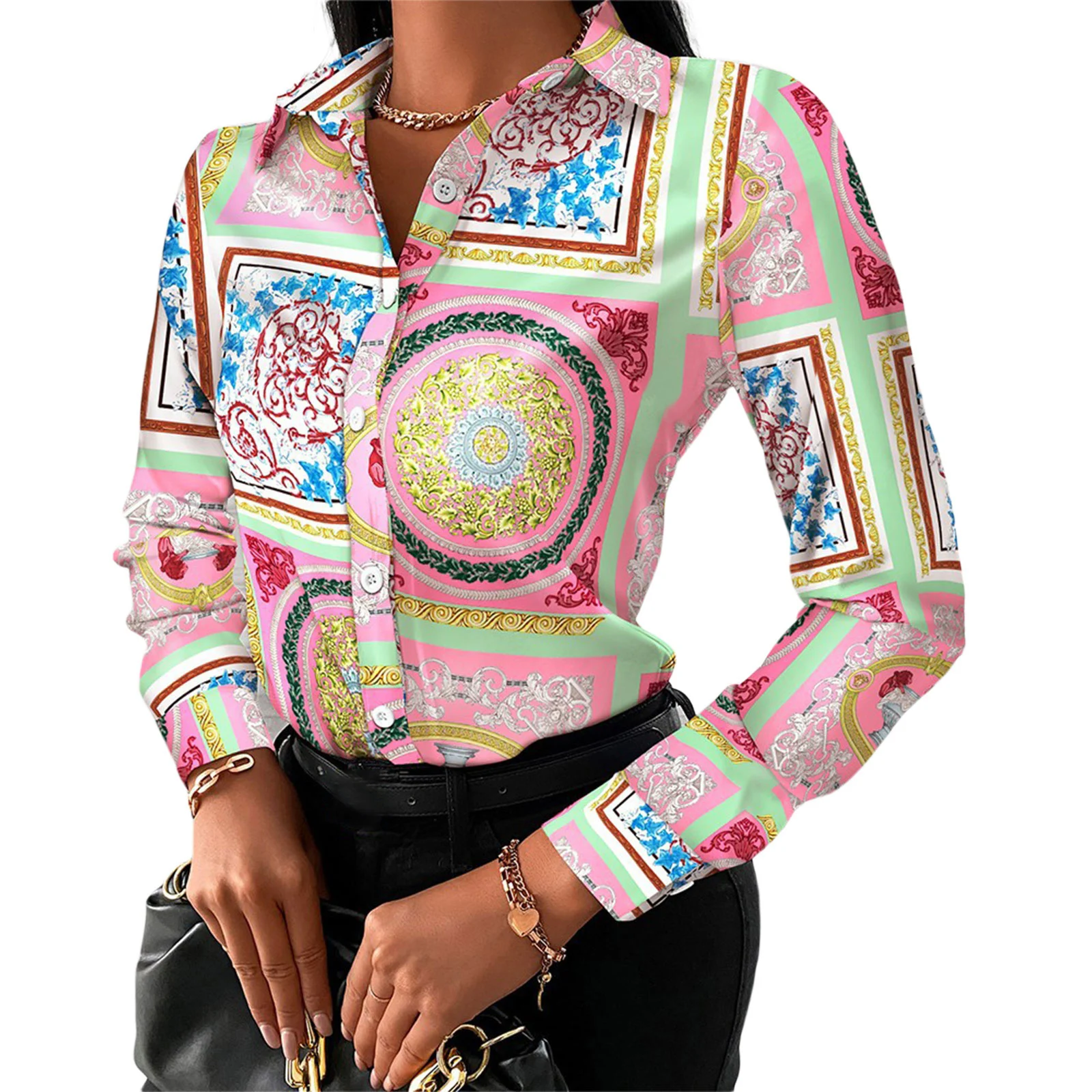 Women Fashion Wild Shirts Chain/Floral/Letter/Geometric Square Print Turn-Down Collar Long Sleeve Blouses Streetwear