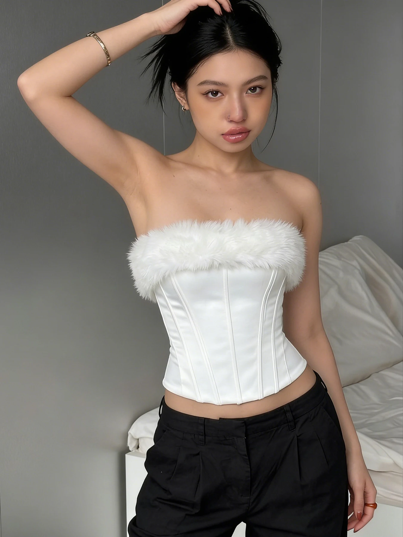 AOMR Pure Desire Furry Patchwork Waist-Cinching Crop Top Vest Slimming Versatile Sweet Spicy Girl Outerwear Shirt