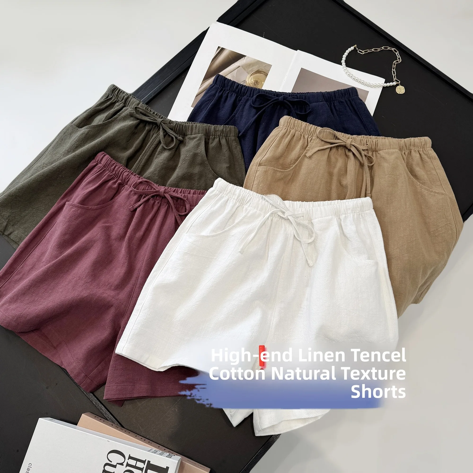 

Linen Casual High Waist Drawstring White Shorts Women's Loose Fit Wide Leg Short Pants Summer New Style Comfortable Trousers