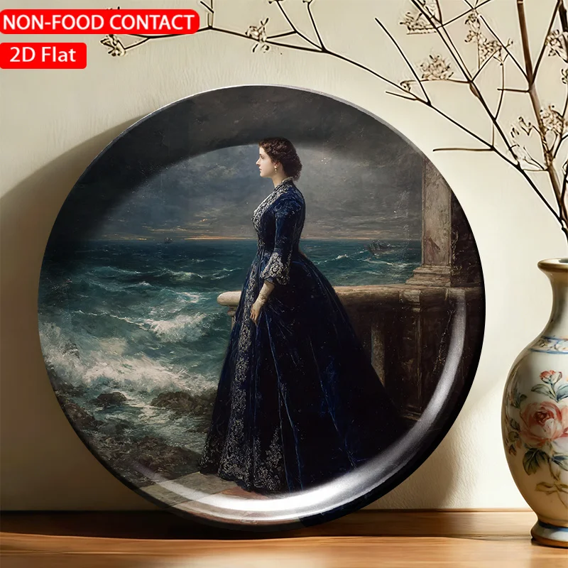1pc FORJN Ceramic Decorative Plate Suitable for Decorative Purposes Only, Round Non-Food Contact Plate with Stormy Sea Lady Art