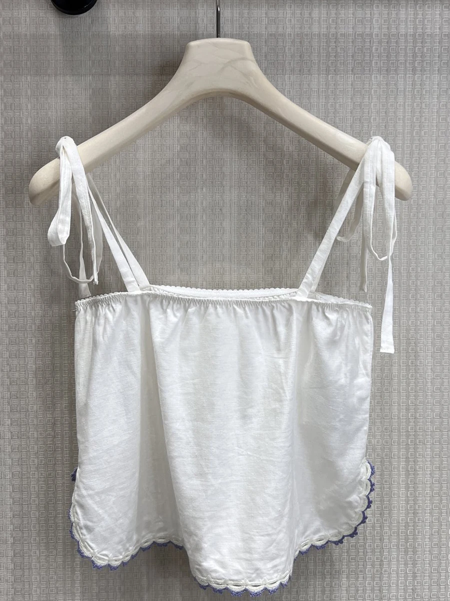

Miu Style Ruffle Trim Short Strap Top And Half Length Skirt Set Cotton Low Waist Banded Design Summer Fashion for Women