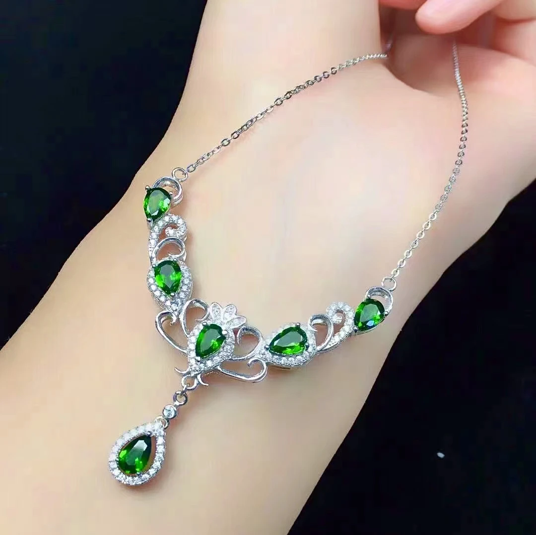 

Elegant Silver Gemstone Necklace for Party 6 Pieces Natural Chrome Diopside Wedding Necklace 925 Silver Diopside Necklace