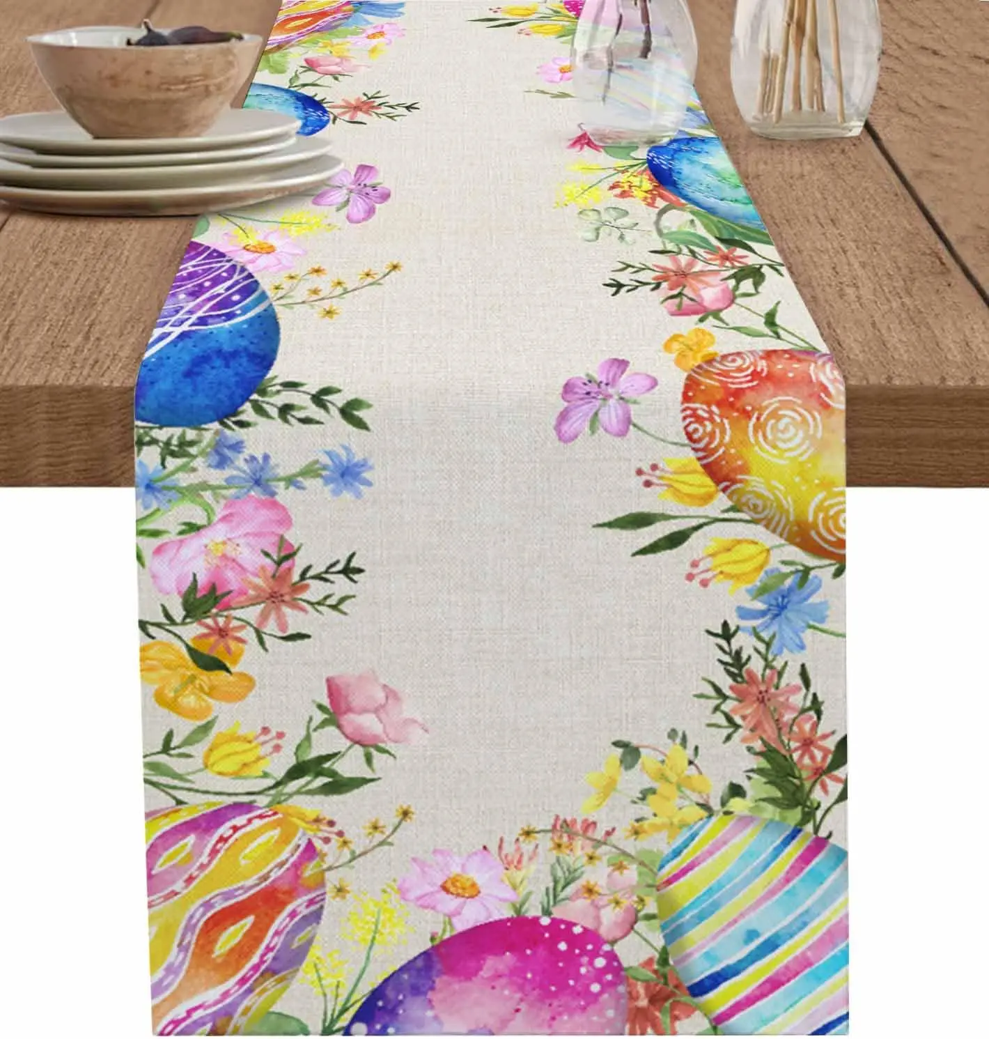 Easter Color Eggs Beige Linen Table Runner Holiday Party Decor Spring Watercolor Flowers Table Runners Dresser Scarf Table Decor