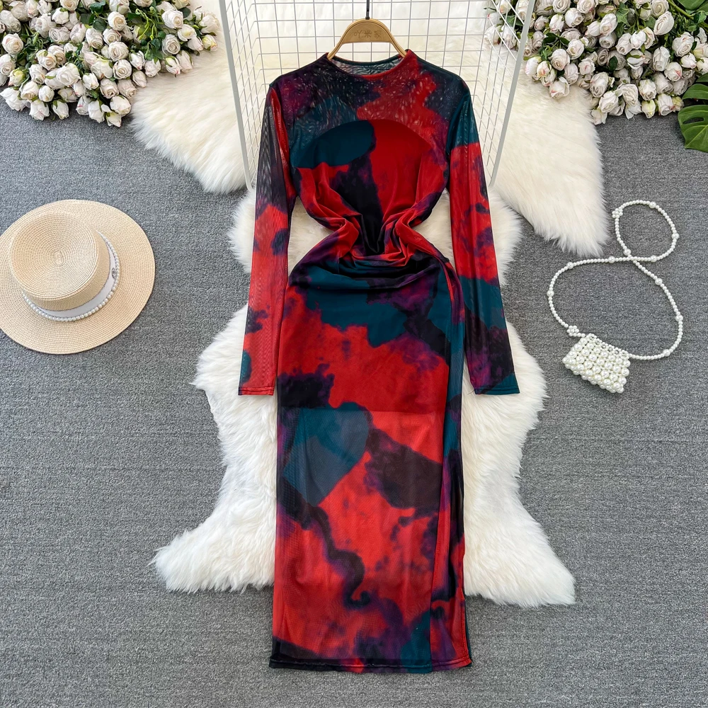 

New Spring And Autumn Korean Celebrity Long Sleeve Dress Women's Standing Neck Slim Mesh Printed Wrap Hip Long Fall Dress