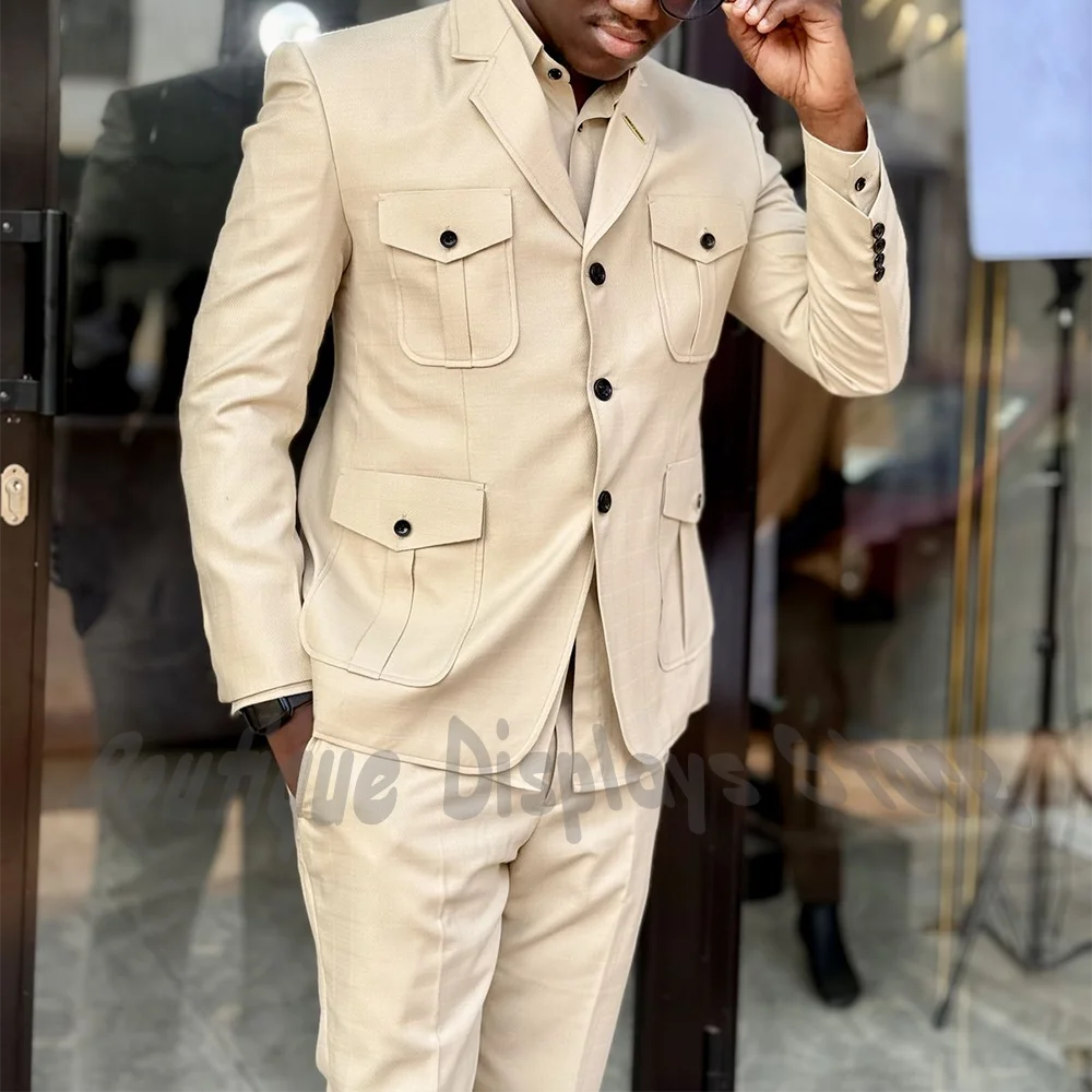 

Fashion Design Multi Pocket Jacket Pants Men's Suit 2 Piece Slim Fit Single Breasted Notch Lapel Daily Casual Male Clothing