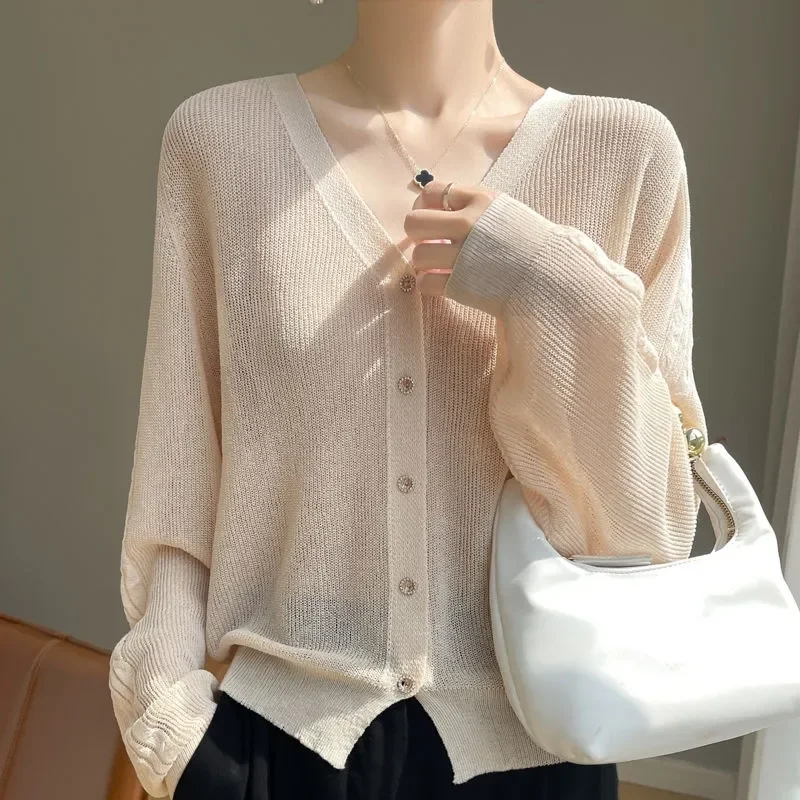 سترة فضفاضة للحماية من الشمس بأكمام خفاش رقيقة بلون سادة محبوكة بأكمام طويلة سترة قصيرة مكيفة #2