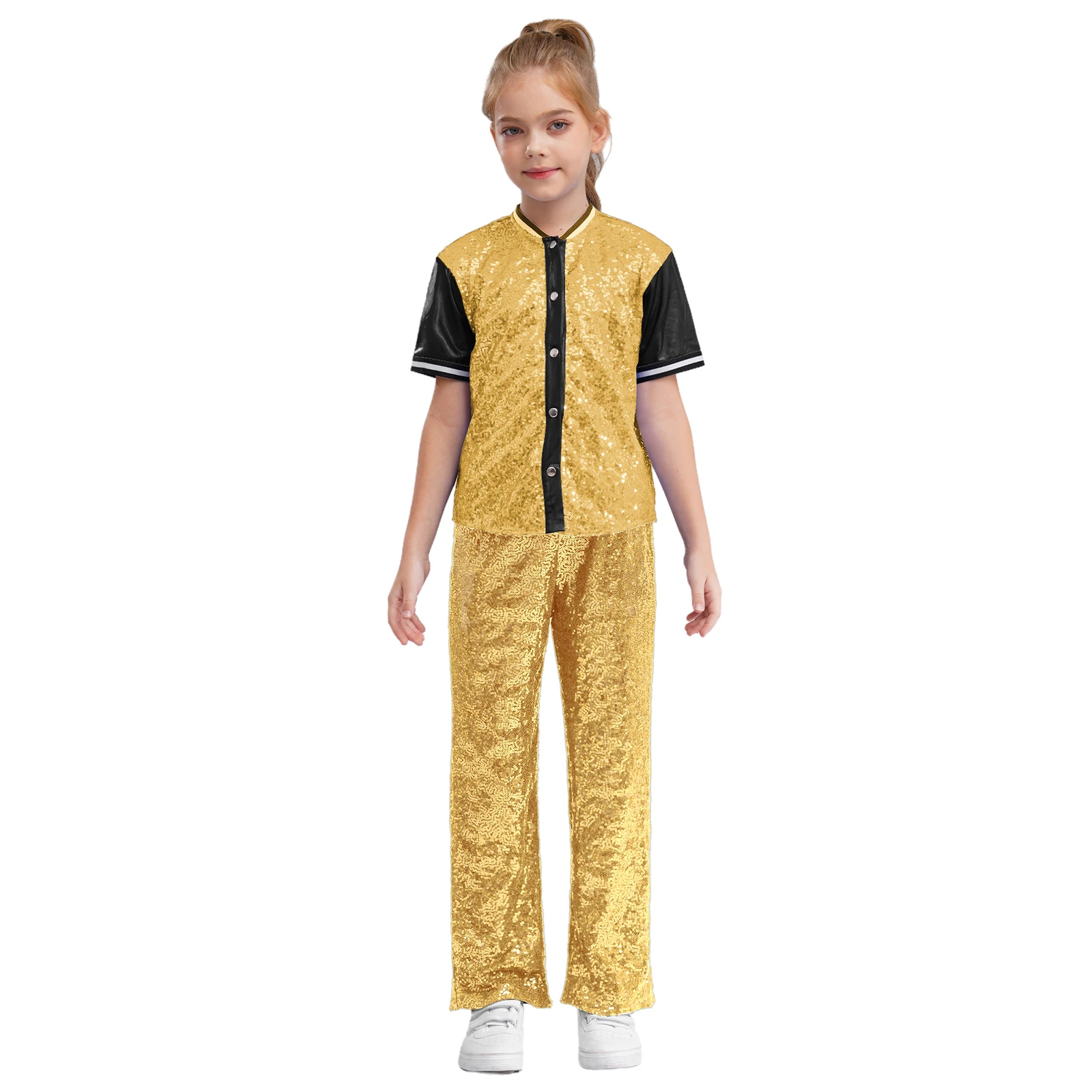 Kids Girls Jazz Dance Hip-Hop Costumes Performance Suits Childs Glittery Sequins Disco Outfits Fashion Short Sleeves Streetwear