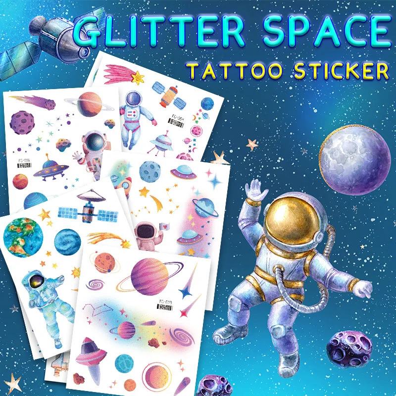 12 Sheets Glitter Outer Space Temporary Tattoos Bady Face Sticker for Kids Astronaut Theme Birthday Party Favors Pinata Fillers