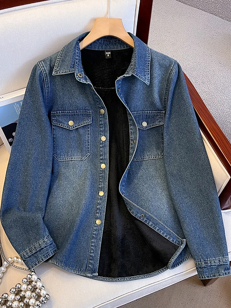 

Ретро-кардиган из денима на флисовой подкладке для женщин, с длинными рукавами до плеч, отложным воротником, на каждый день