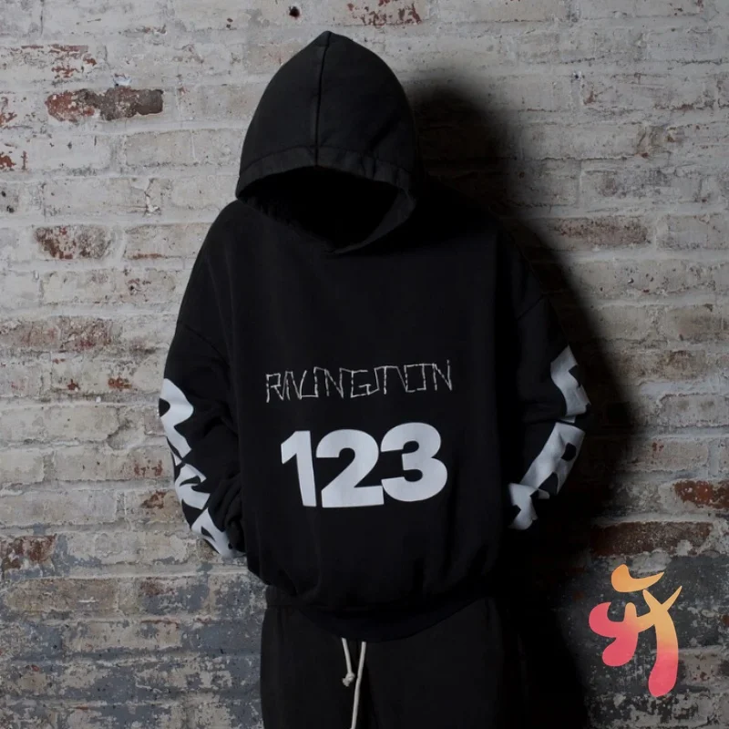 ملابس الشارع الأمريكية المطرزة بأحرف RRR123 هوديس المتضخم 123 جرافيتي طباعة هودي غسلها بلوزات سوداء الرجال النساء #2