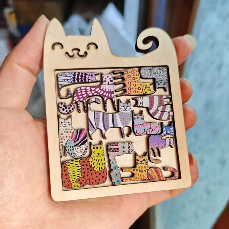 Puzzle in Legno a Forma di Gatto Irregolare, Gioco Espressivo, Forme Animali Uniche, Regalo Rilassante, Pezzo d'Arte Decorativo, Rompicapo