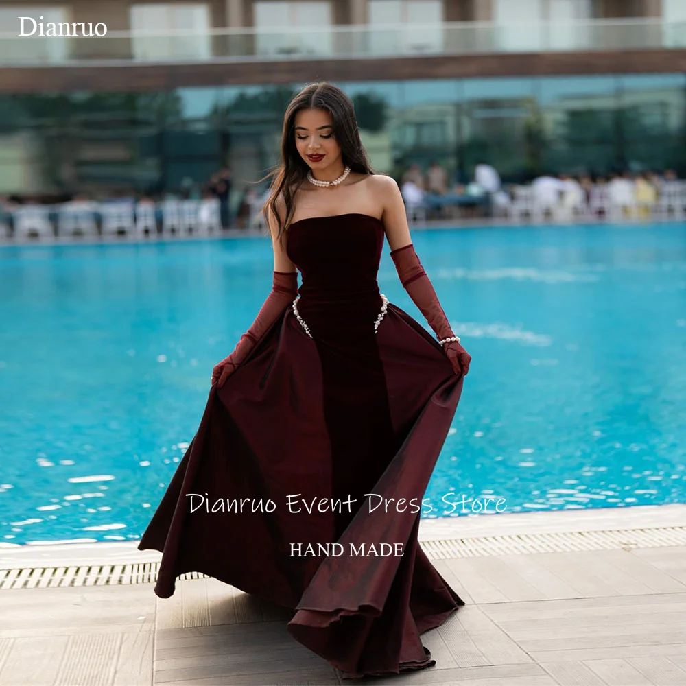

Dianruo Pearls High Quality Evening Dresses Strapless Fitted Prom Gowns A Line Burgundy Wedding Guest Dresses Classy Customized