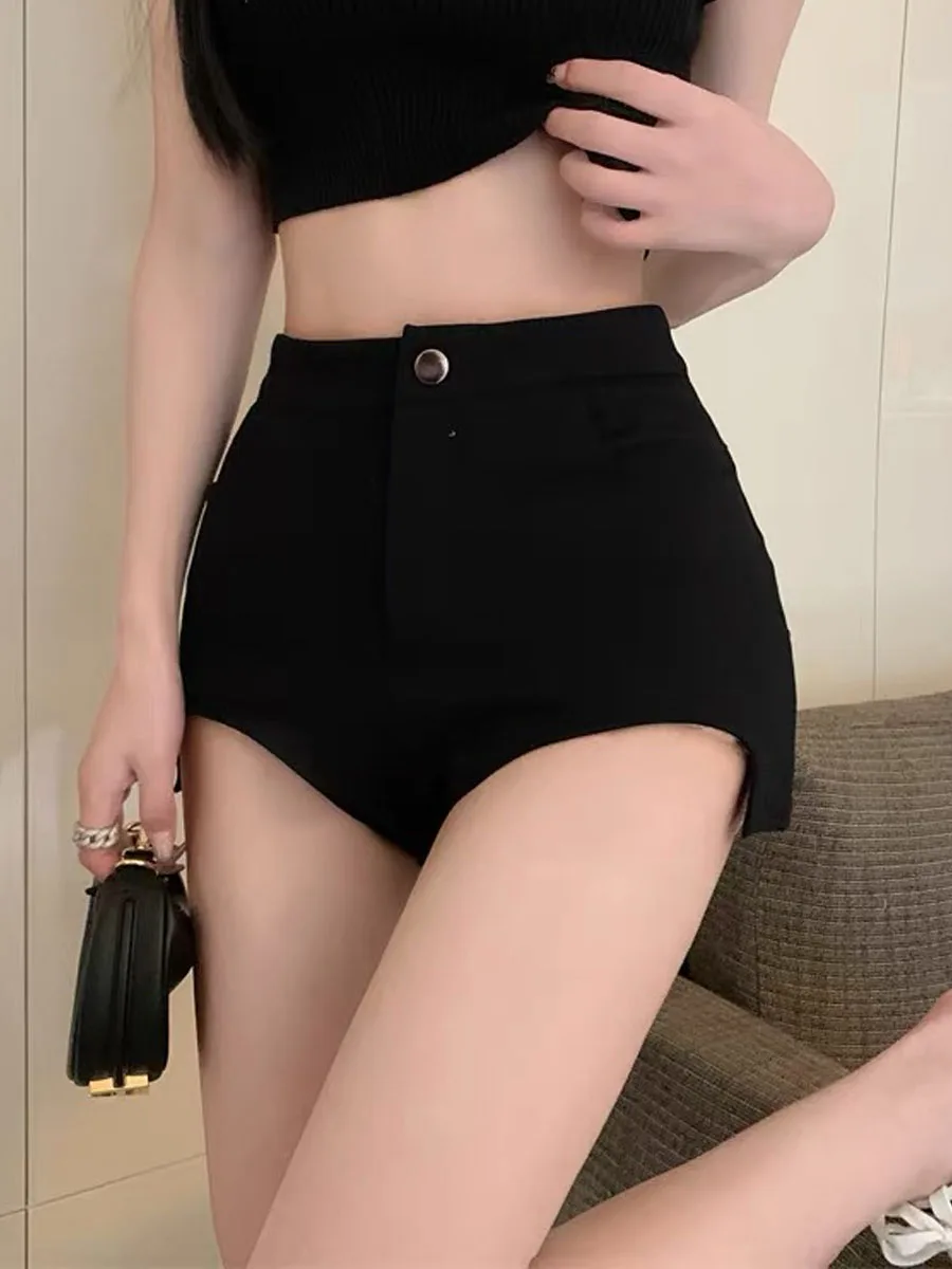 Black Slim Fit Women's Short Pants Suit Elastic Outerwear High Waist Irregular Hot Pants Casual Bottoms Polyester Spandex