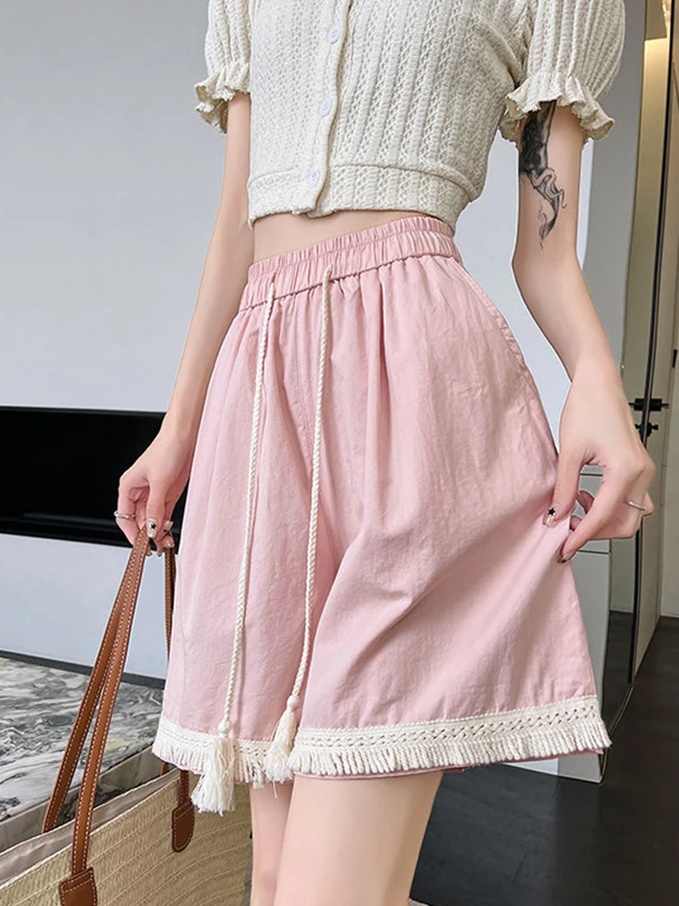 300 pound loose women's summer high waisted five quarter shorts commute slimming casual versatile tassel design short