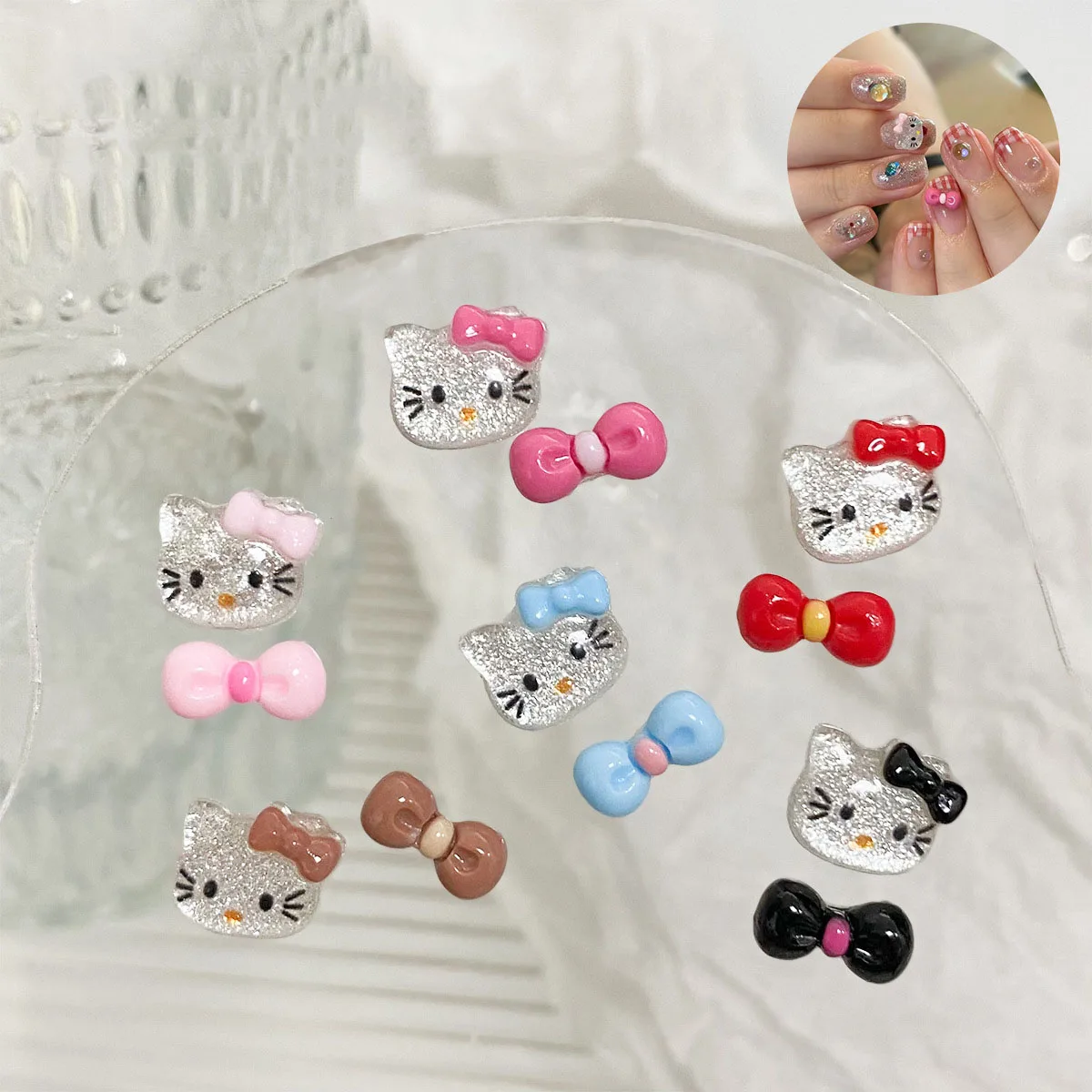 12 Siatek 3D Letnie Kokardki Hello Kitty Ozdoby do Paznokci Różowe/Czerwone/Niebieskie/Czarne/Brązowe Lodowe Przezroczyste Akcesoria do Paznokci z Kocimi Uszkami Artykuły do Zdobienia Paznokci